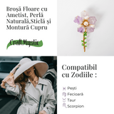Brosa Floare Ametist cu Perla Naturala si Montura Cupru - Eleganta si Energie Pozitiva