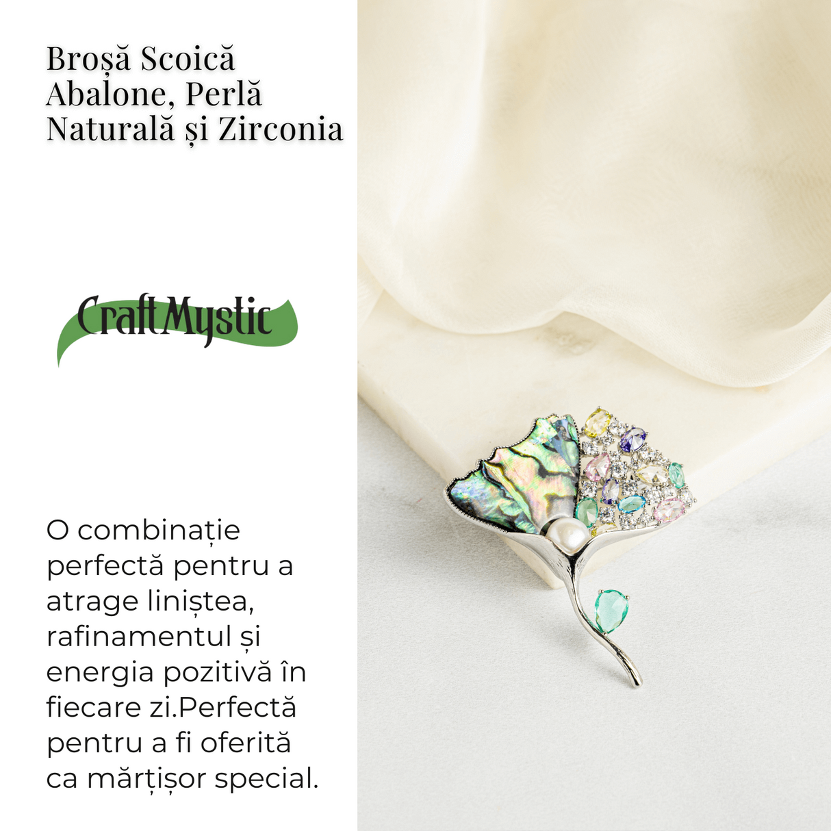 Brosa Scoica Abalone cu Perla Naturala si Zirconia - Armonie si Stralucire