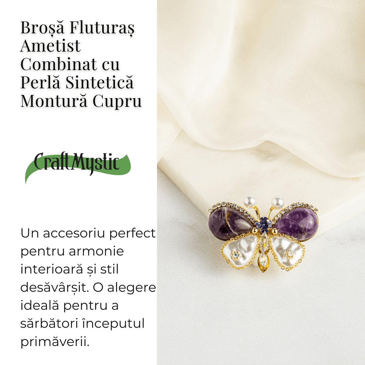 Brosa fluturas ametist cu perla sintetica si montura din cupru - Eleganta si echilibru