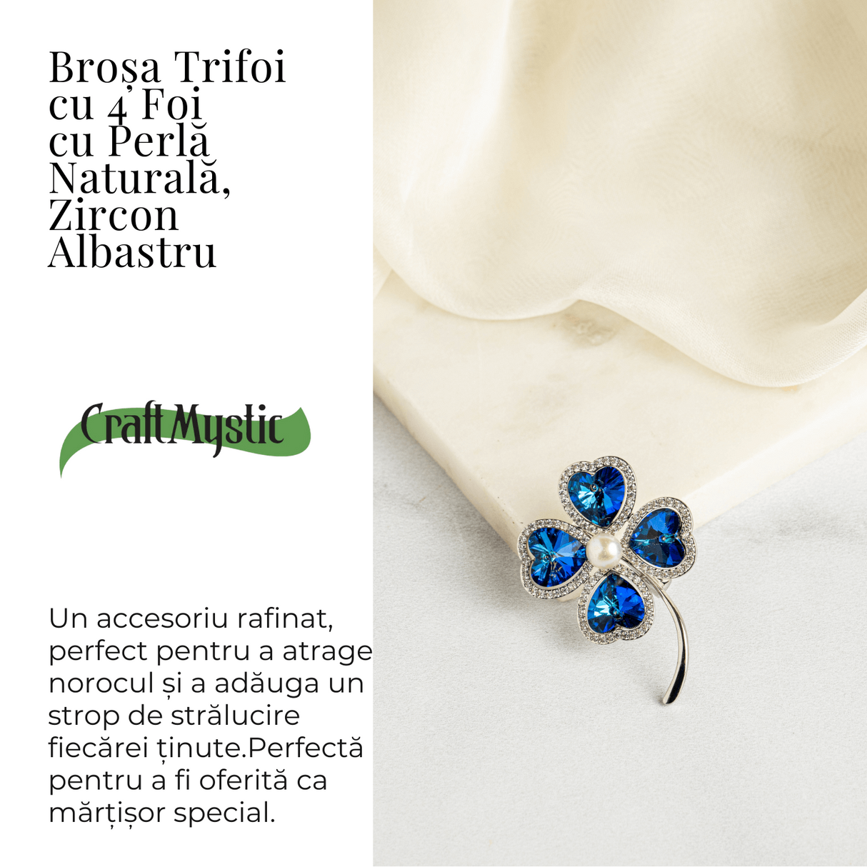 Brosa Trifoi cu 4 Foi cu Perla Naturala si Zircon Albastru - Simbol al Norocului si Elegantei