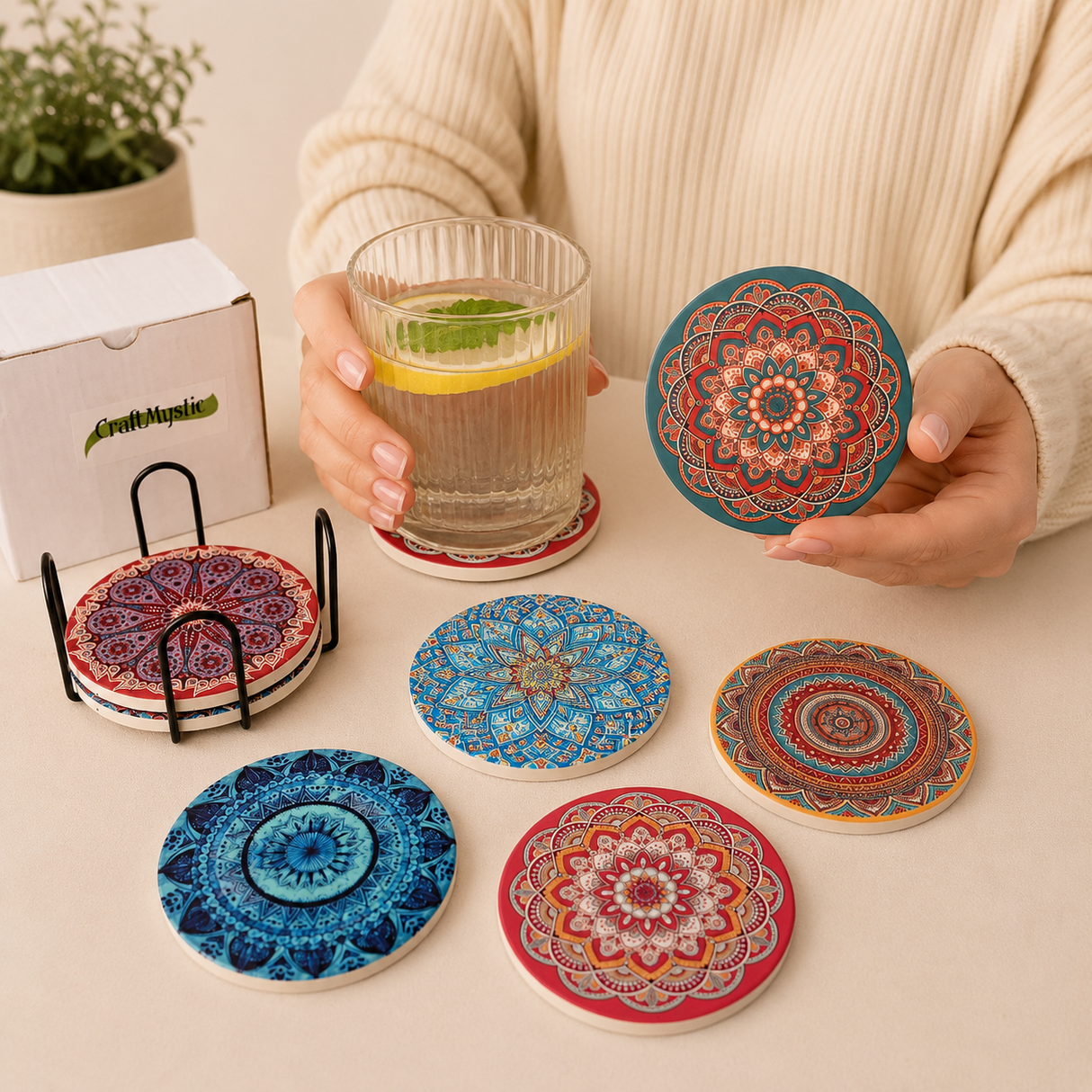 Set 6 Suporturi Ceramica pentru Pahare cu Mandale Colorate – Protectie si Eleganta pentru Masa Ta