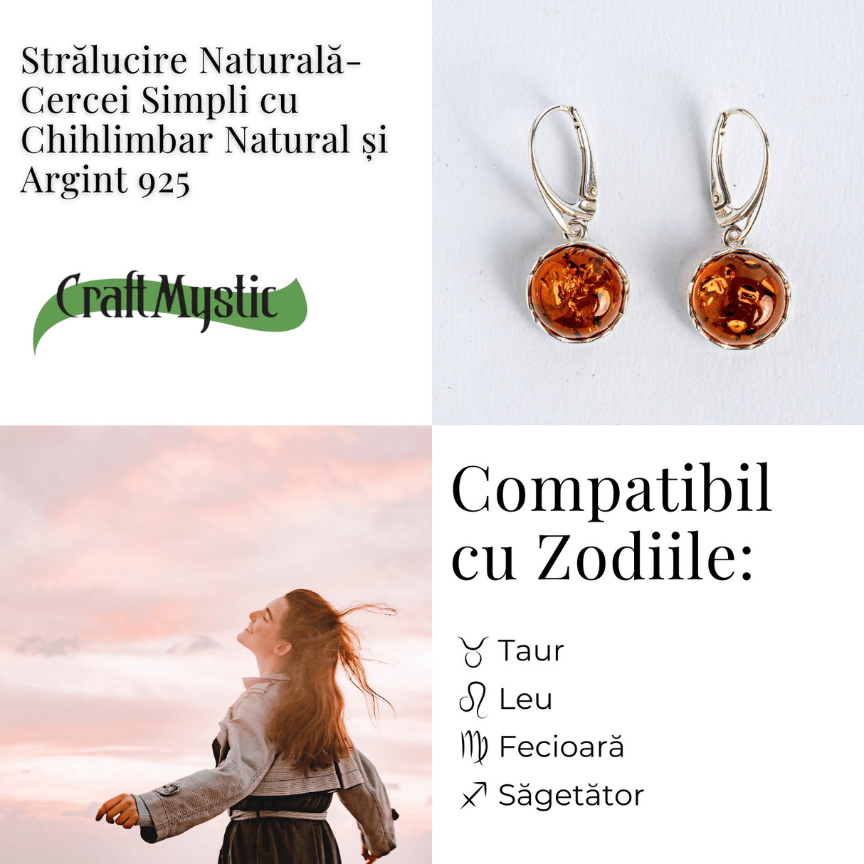 Piatra caldurii si linistii - Cercei simpli cu chihlimbar si montura argint 925