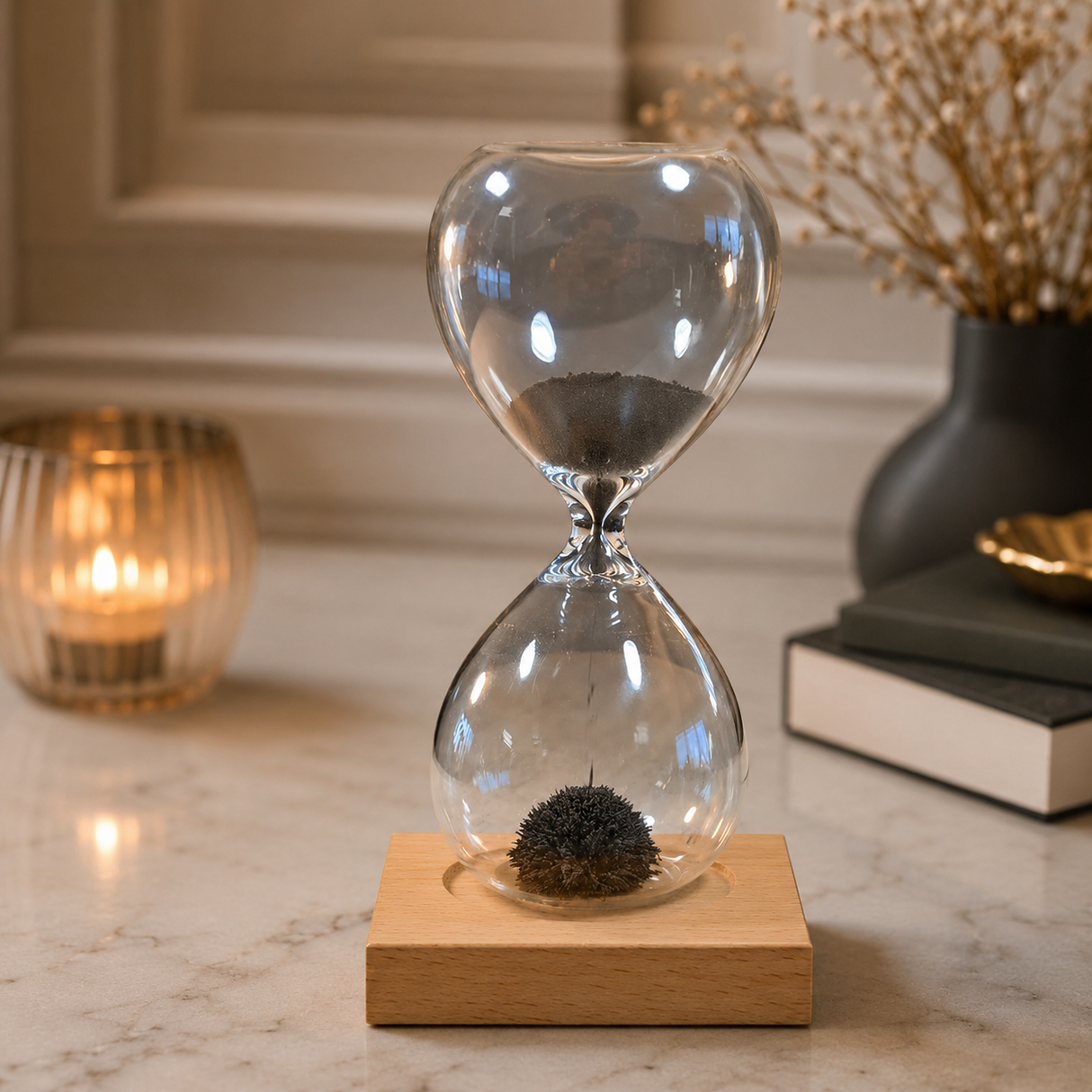 Clepsidra Magnetica cu Particule Metalice si Suport din Lemn – Relaxare si Focus