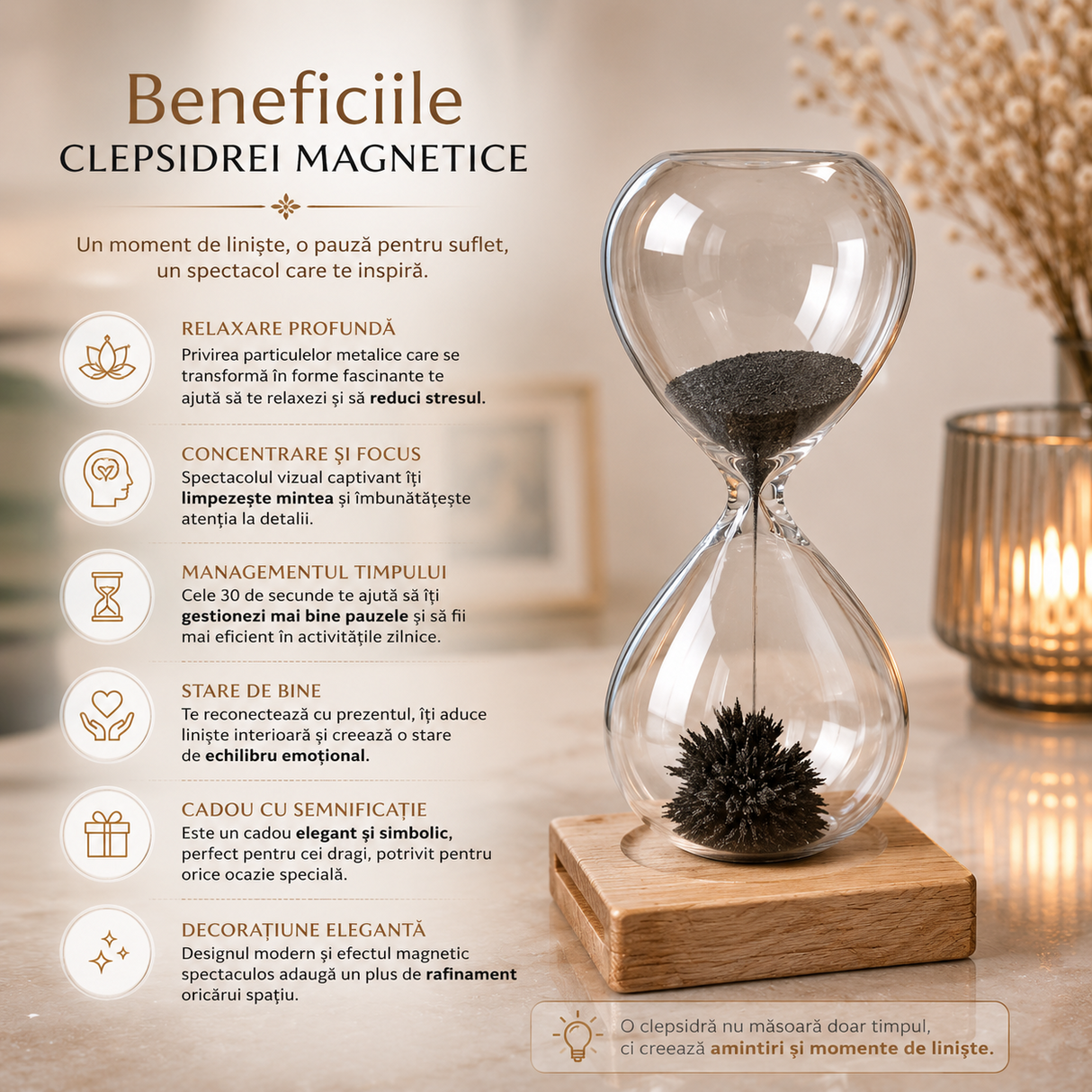 Clepsidra Magnetica cu Particule Metalice si Suport din Lemn – Relaxare si Focus
