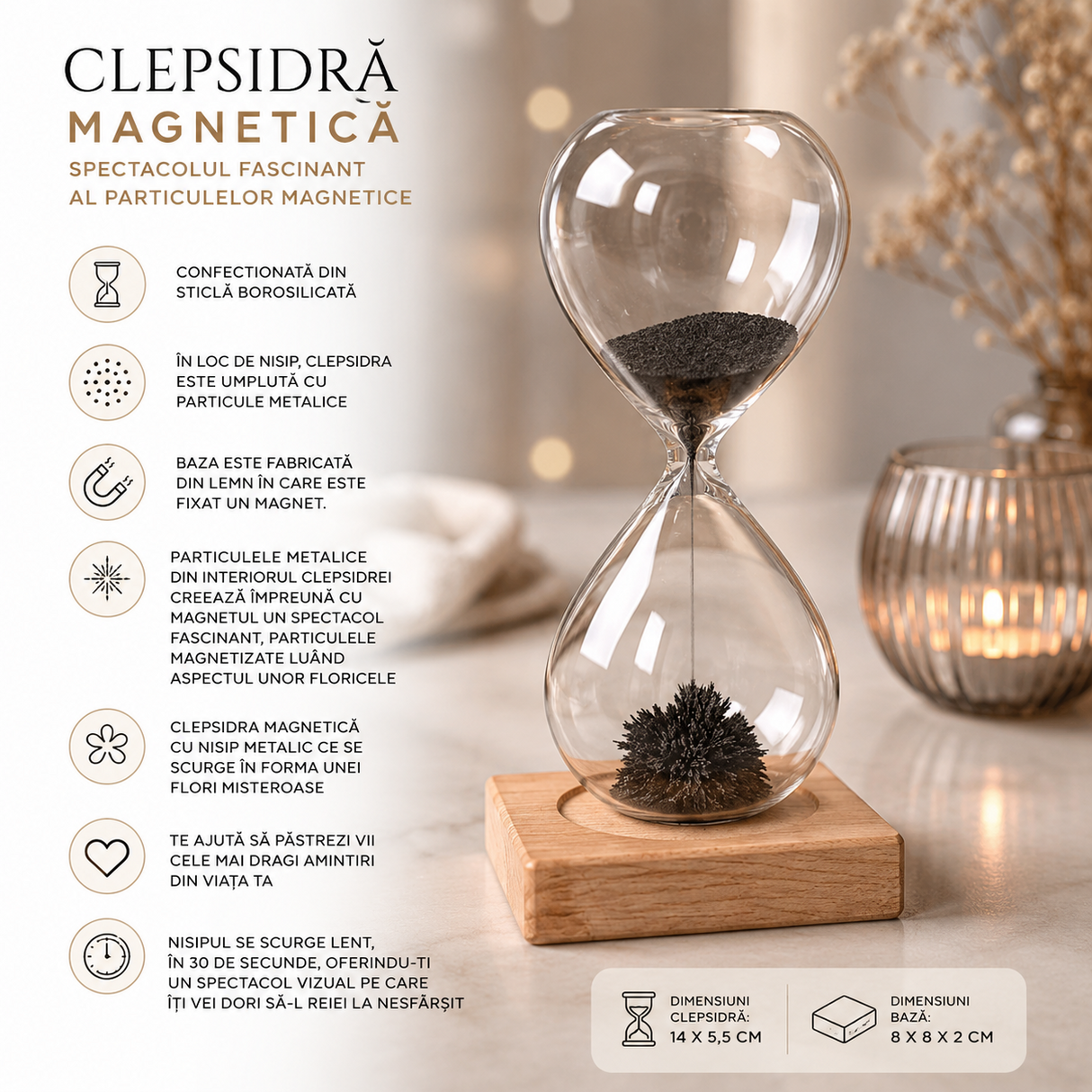 Clepsidra Magnetica cu Particule Metalice si Suport din Lemn – Relaxare si Focus