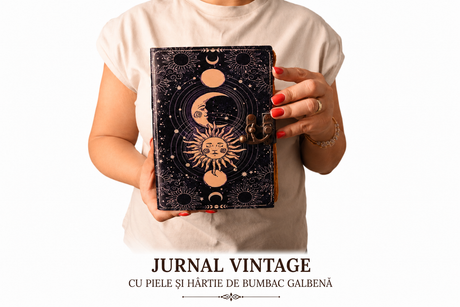 Detaliu al simbolului Soare-Lună embosat pe coperta de piele