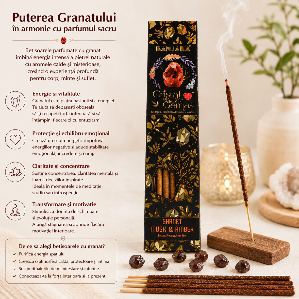 Bețișor Banjara aprins, aromă de mosc și chihlimbar