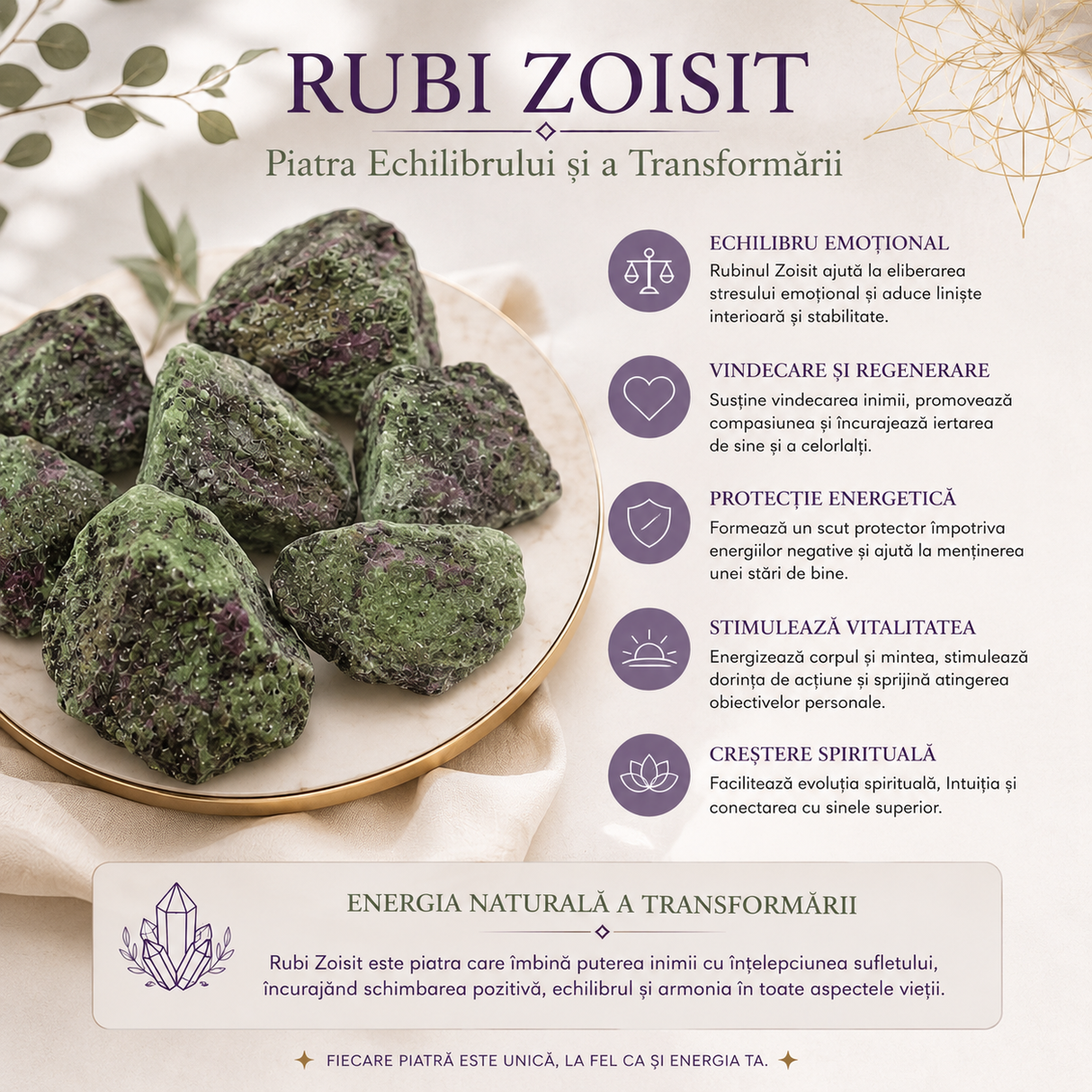 Piatra Bruta Rubi Zoisit Natural – Echilibru Emotional si Transformare Interioara