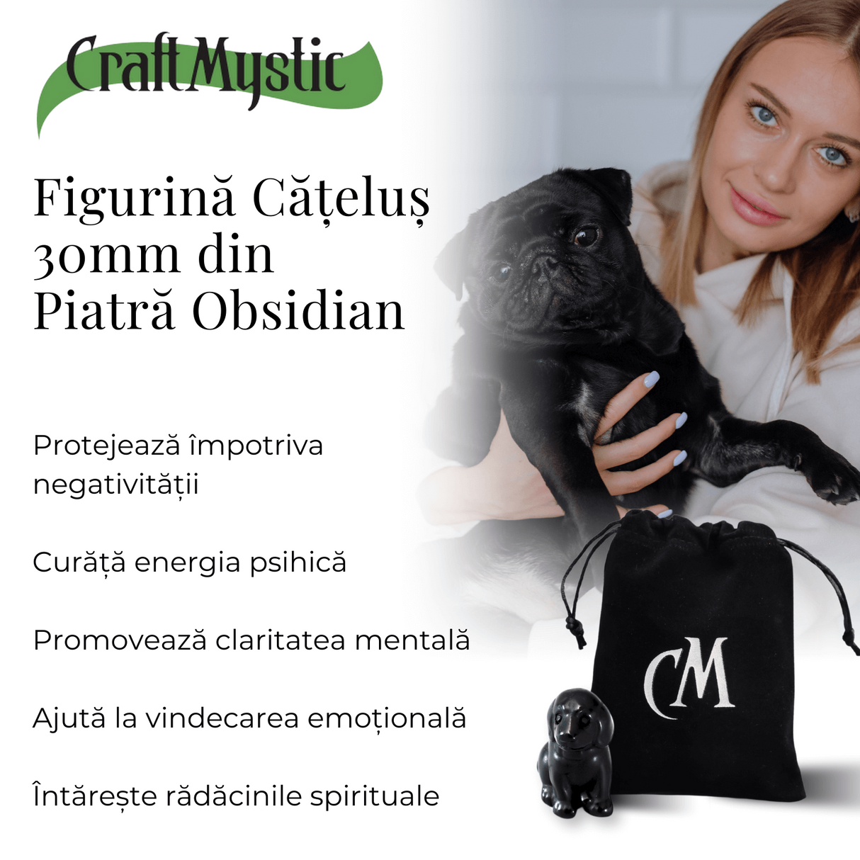 Figurina Artizanala 30mm Catelus din Obsidian