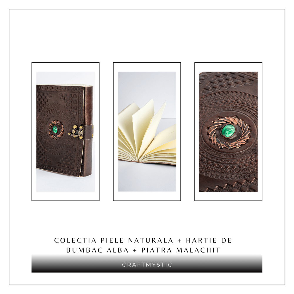 Jurnal din piele naturala cu piatra Malachit hartie bumbac alb – Talisman pentru echilibru si claritate interioara