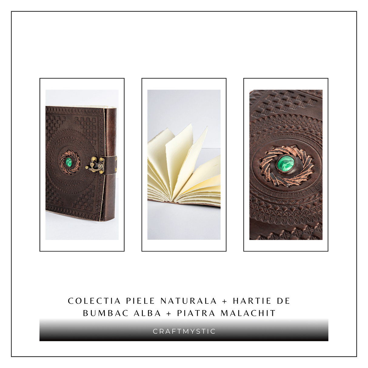 Jurnal din piele naturala cu piatra Malachit hartie bumbac alb – Talisman pentru echilibru si claritate interioara