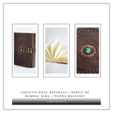 Jurnal din piele naturala cu piatra Malachit hartie bumbac alb – Talisman pentru echilibru si claritate interioara
