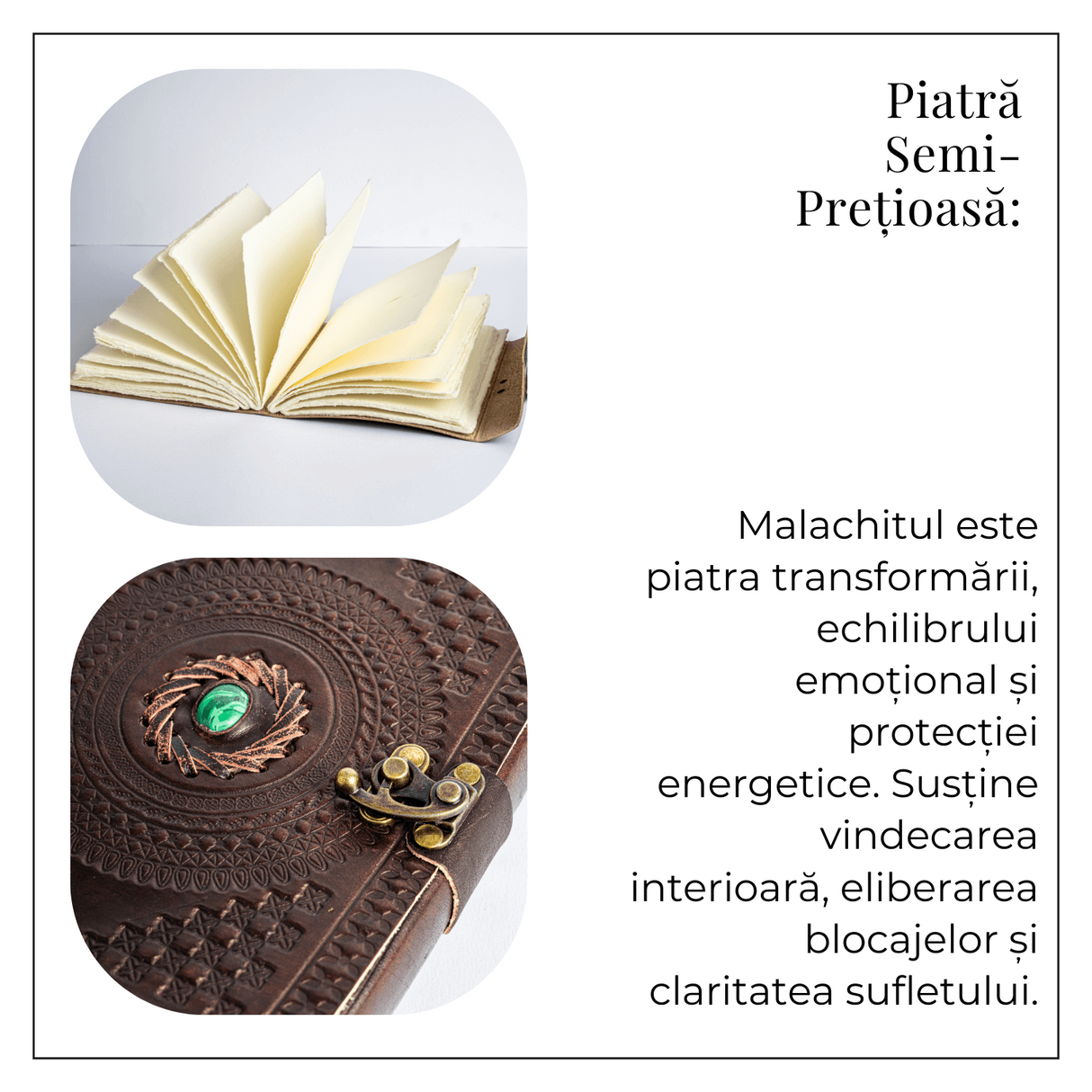 Jurnal din piele naturala cu piatra Malachit hartie bumbac alb – Talisman pentru echilibru si claritate interioara