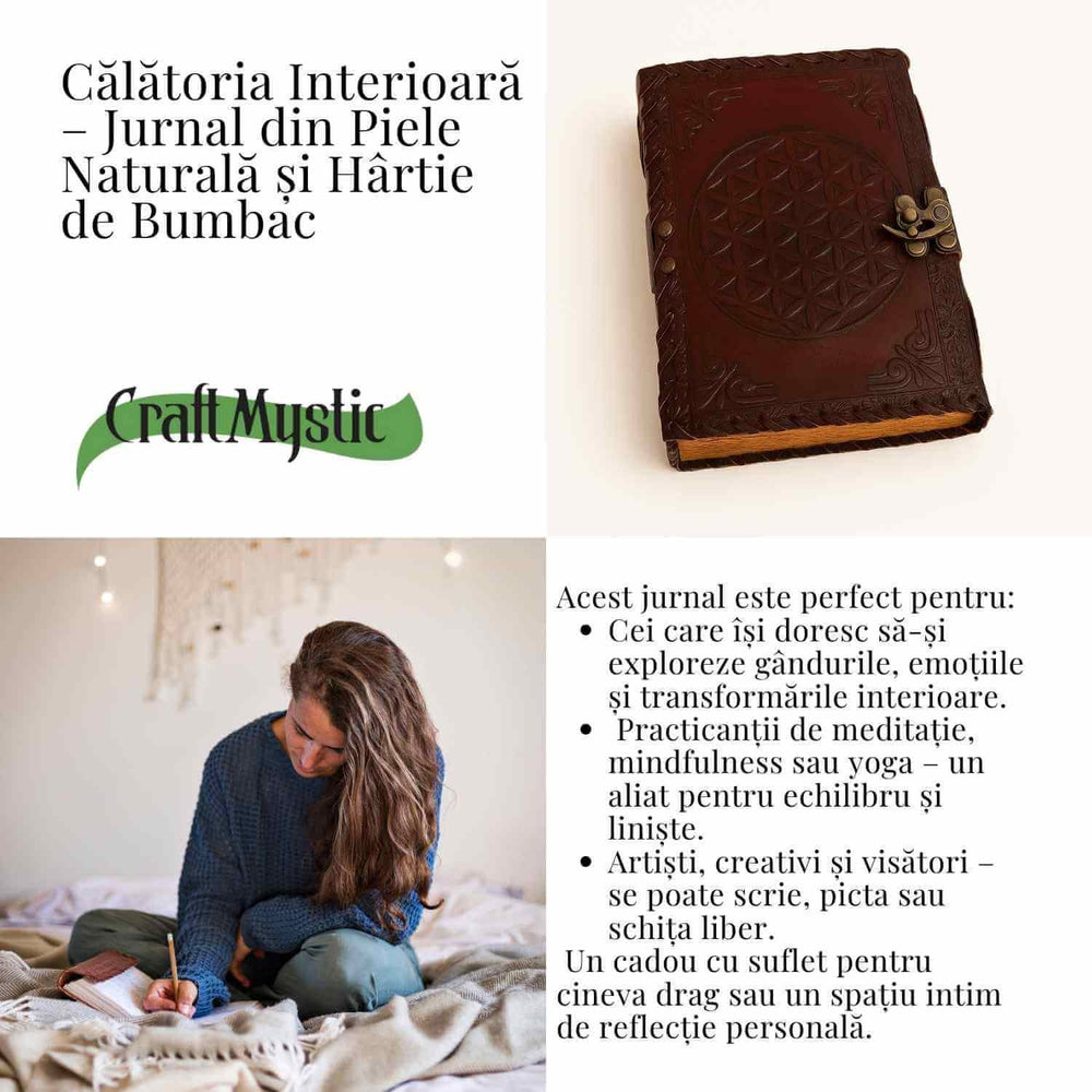 Calatoria interioara – Jurnal 20x15 cm din piele naturala cu pietre 7 chakre si hartie de bumbac