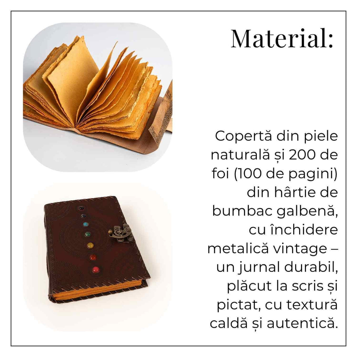 Calatoria interioara – Jurnal 20x15 cm din piele naturala cu pietre 7 chakre si hartie de bumbac