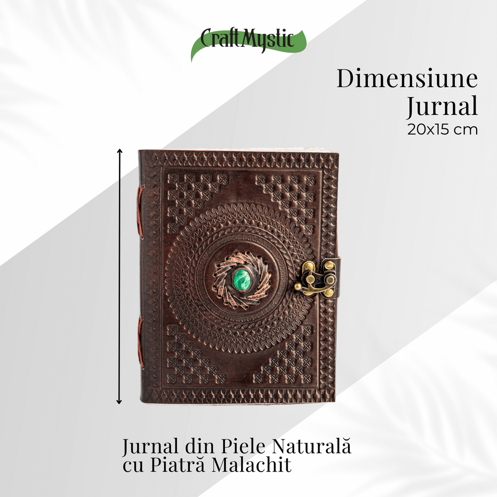 Jurnal din piele naturala cu piatra Malachit hartie bumbac alb – Talisman pentru echilibru si claritate interioara