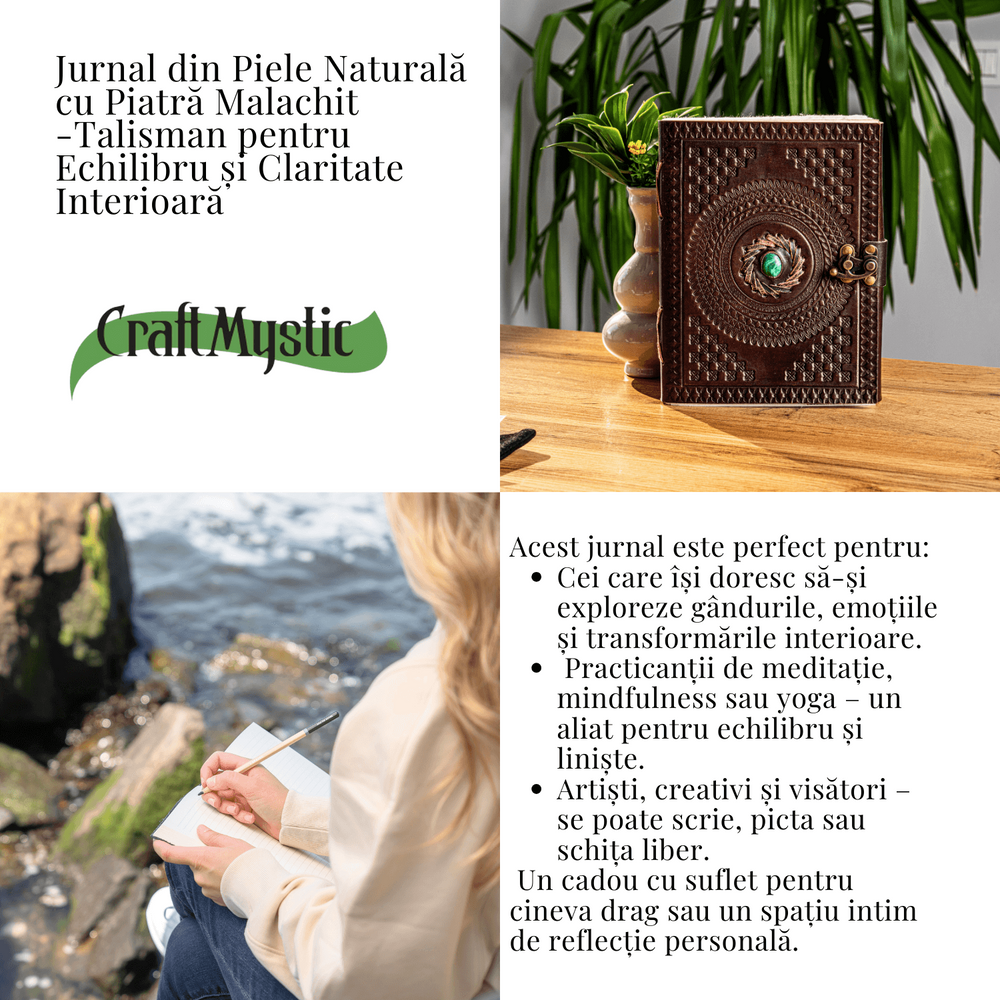 Jurnal din piele naturala cu piatra Malachit hartie bumbac alb – Talisman pentru echilibru si claritate interioara