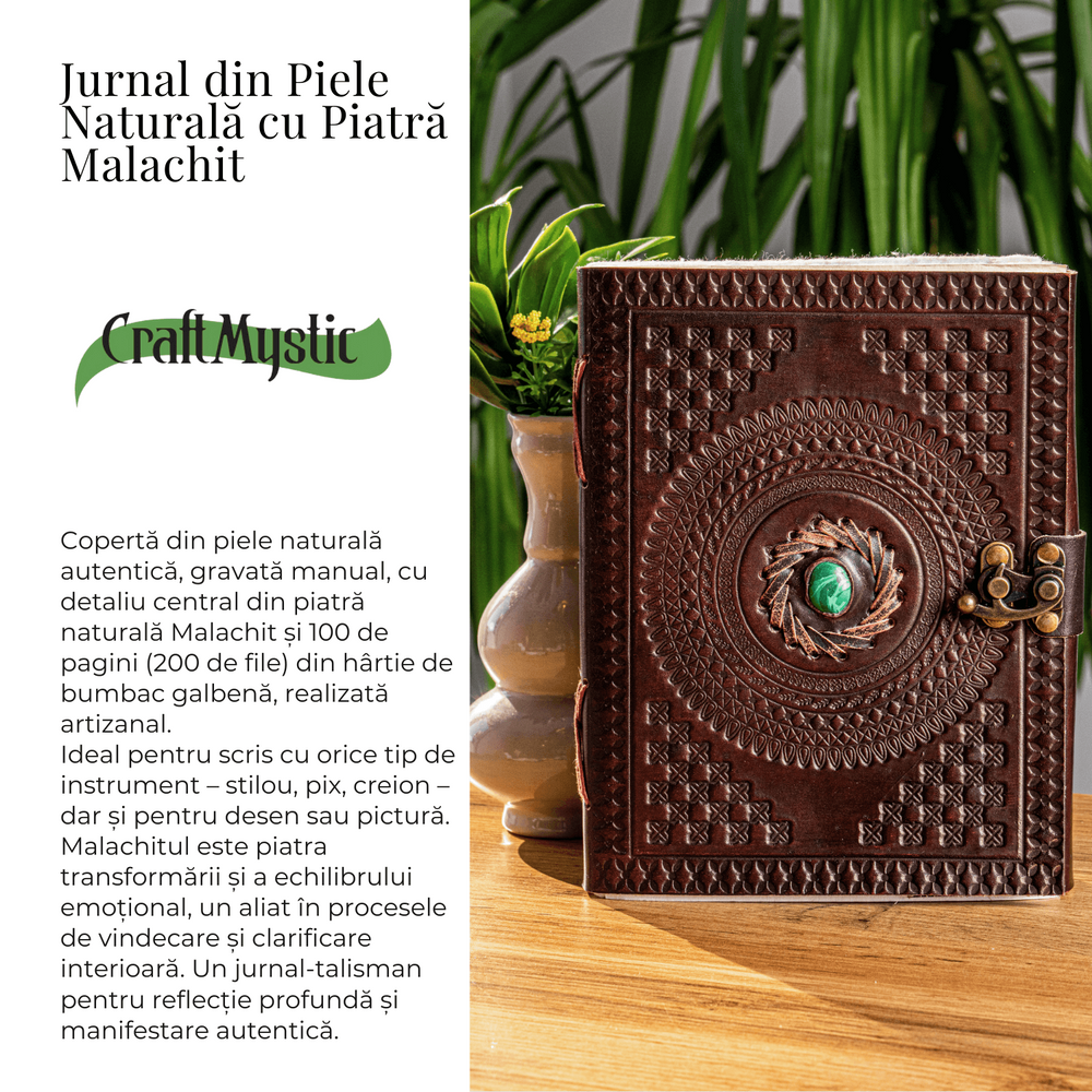 Jurnal din piele naturala cu piatra Malachit hartie bumbac alb – Talisman pentru echilibru si claritate interioara