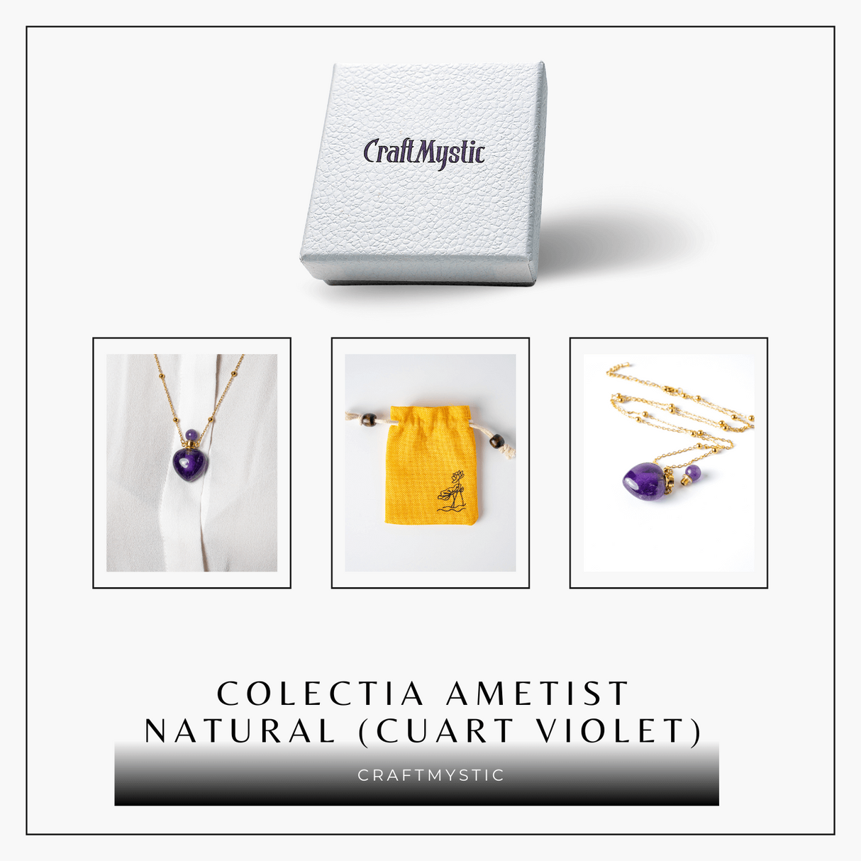 Claritate si Protectie - Colier Inima Sticluta cu Ametist Natural, Lant din cupru Placat Auriu