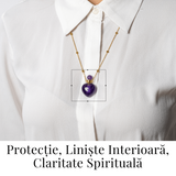 Claritate si Protectie - Colier Inima Sticluta cu Ametist Natural, Lant din cupru Placat Auriu