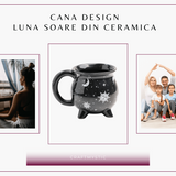 Cana din Ceramica in Forma de Ceaun cu Design Soare si Luna - Cadou Inedit pentru Iubitorii de Magie si Mister