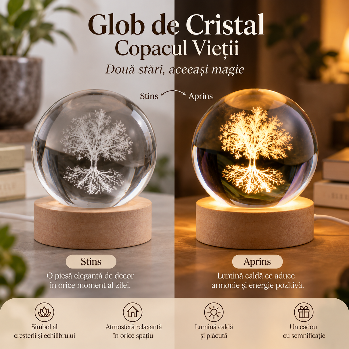 Lampă glob din sticlă Copacul Vieții cu bază din lemn