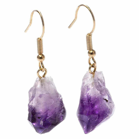 Raw Amethyst Healing Crystal Earrings for Women | Gold-Plated Metal Jewelry for Awareness and Spiritual Peace