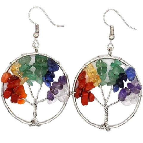 Tree of Life Earrings - Handmade with semi-precious stones and 7 chakra healing crystals