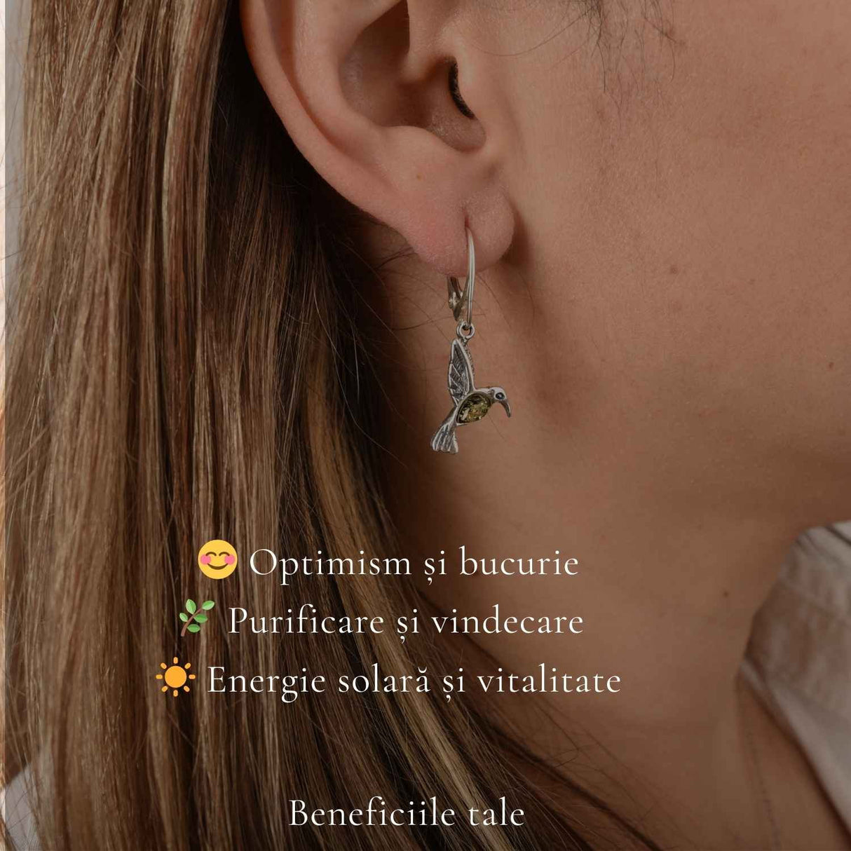 Cercei Argint 925 Colibri cu Chihlimbar Verde - Energie, Bucurie si Libertate