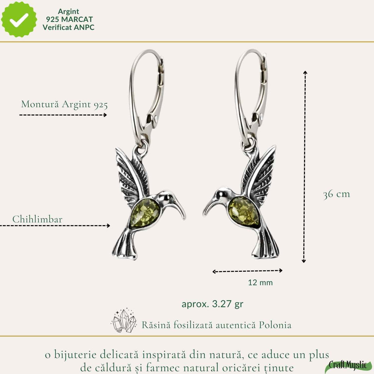 Cercei Argint 925 Colibri cu Chihlimbar Verde - Energie, Bucurie si Libertate