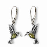 Cercei Argint 925 Colibri cu Chihlimbar Verde - Energie, Bucurie si Libertate