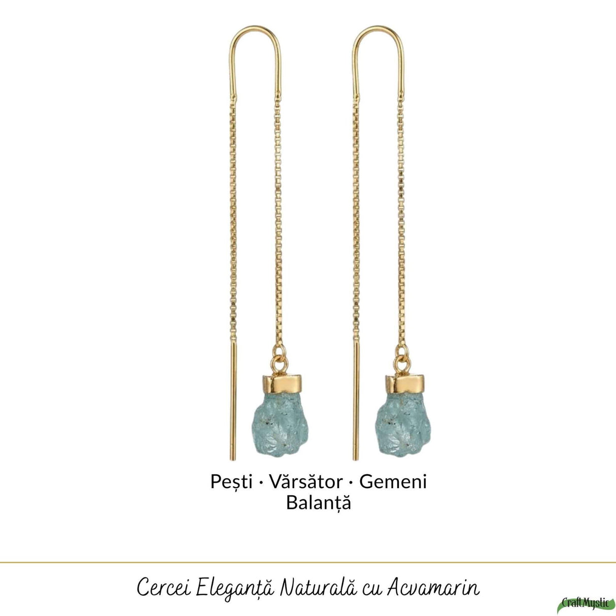 Cercei Argint 925 Placat cu Aur 18K cu Acvamarin Brut si Lant – Calm si Eleganta Naturala