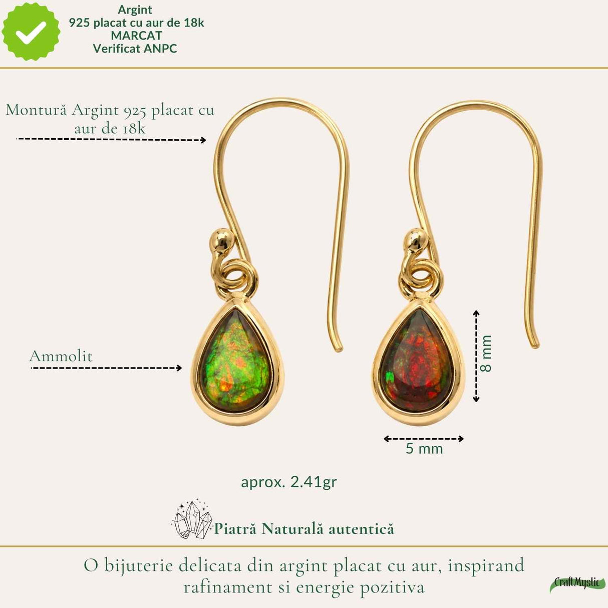 Cercei Argint 925 cu Ammolit Natural Lacrima – Eleganta si Energie Pozitiva