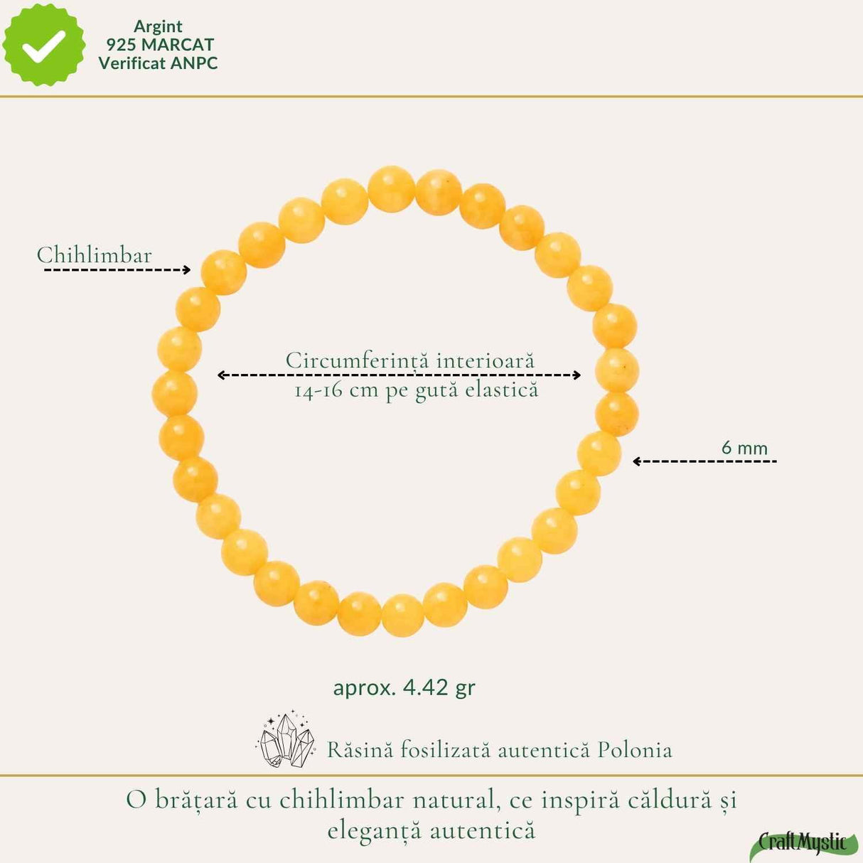 Bratara cu Chihlimbar Natural Rotund pe Guta Elastica – Energie Pozitiva si Vitalitate