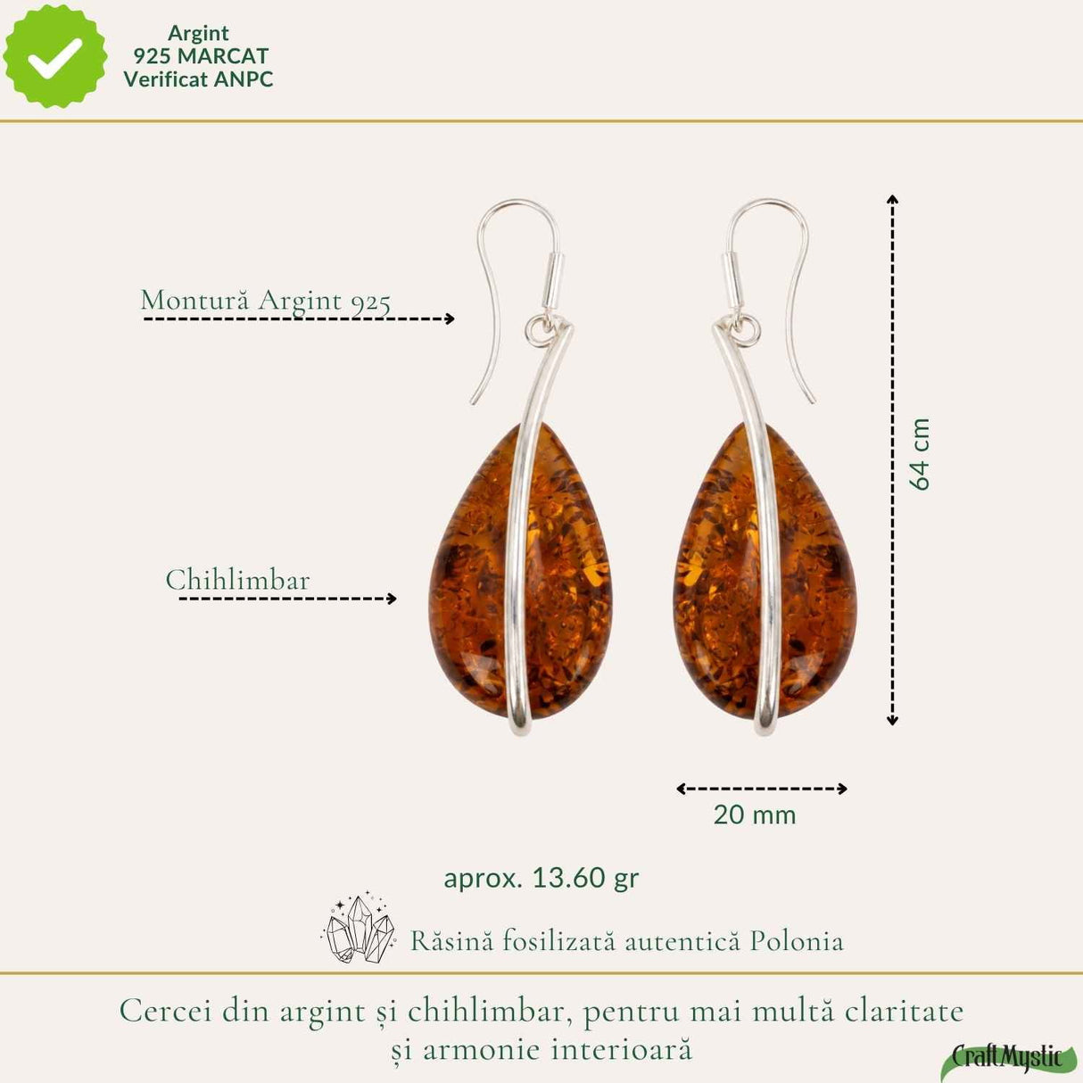 Cercei Argint 925 cu Chihlimbar Lacrima – Energie Calda si Eleganta Statement