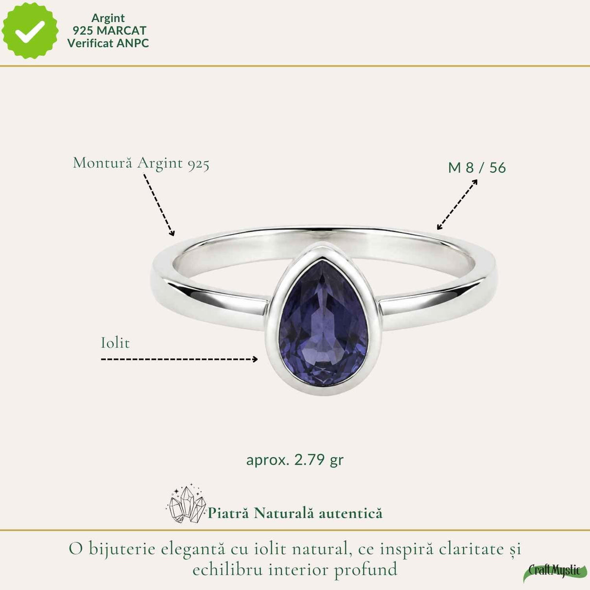 Inel Argint 925 cu Iolit Fatetat Lacrima – Intuitie si Echilibru Interior