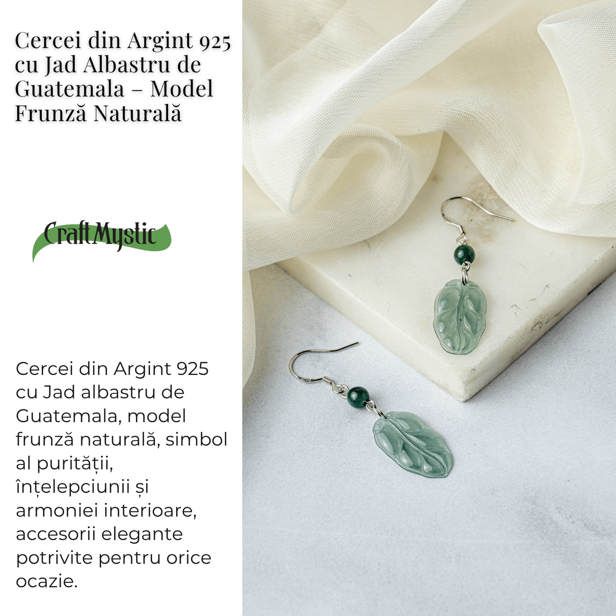 Cercei Argint 925 cu Jad Albastru Guatemala - Model Frunza Naturala pentru Puritate si Armonie Interioara