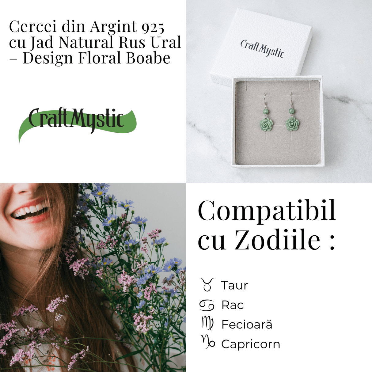 Cercei Argint 925 cu Jad Natural Rus Ural - Model Trandafir pentru Echilibru si Prosperitate