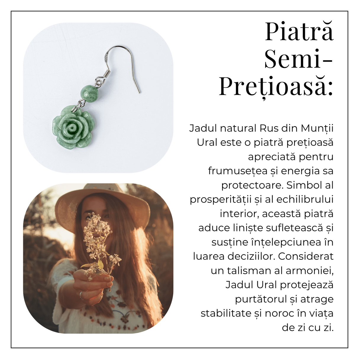 Cercei Argint 925 cu Jad Natural Rus Ural - Model Trandafir pentru Echilibru si Prosperitate