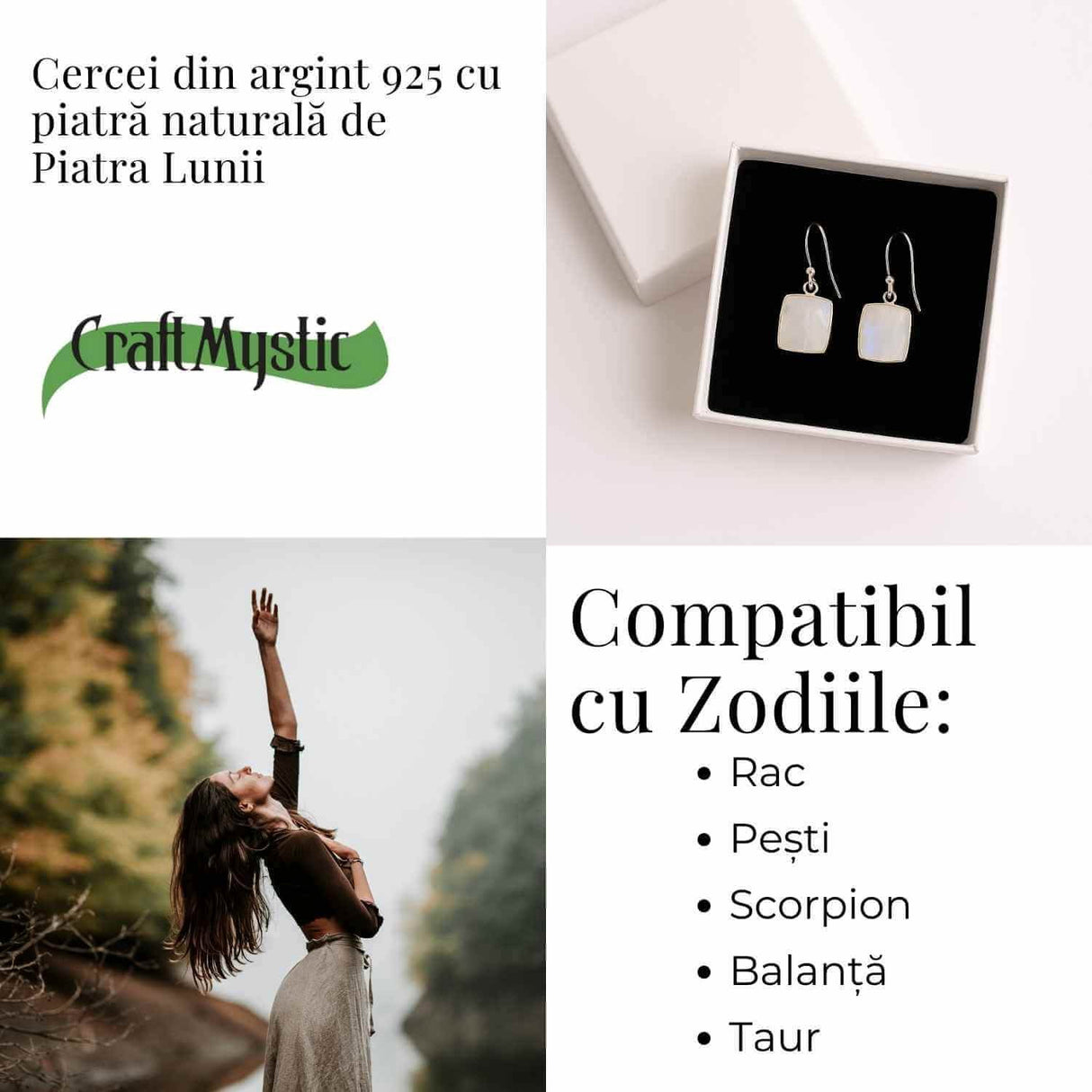 Cercei Argint 925 cu Piatra Lunii Curcubeu Patrat - Intuitie si Echilibru Emotional