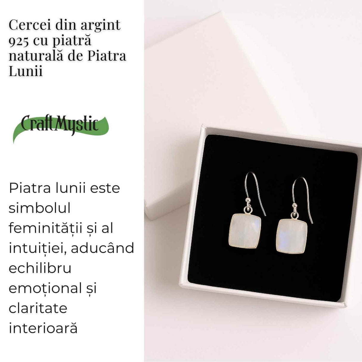 Cercei Argint 925 cu Piatra Lunii Curcubeu Patrat - Intuitie si Echilibru Emotional