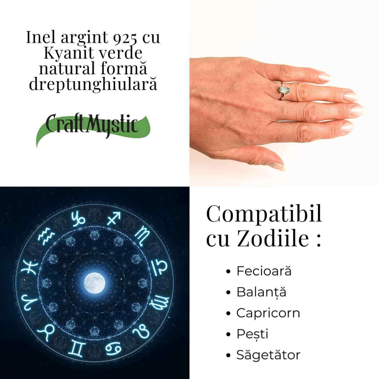 Inel argint 925 cu Kyanit verde natural forma dreptunghiulara - piatra claritatii mentale si a echilibrului interior