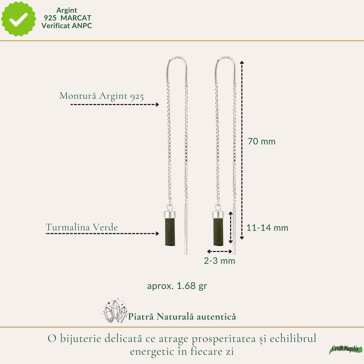 Cercei Argint 925 cu Turmalina Verde Bruta – Prosperitate si Armonie Interioara