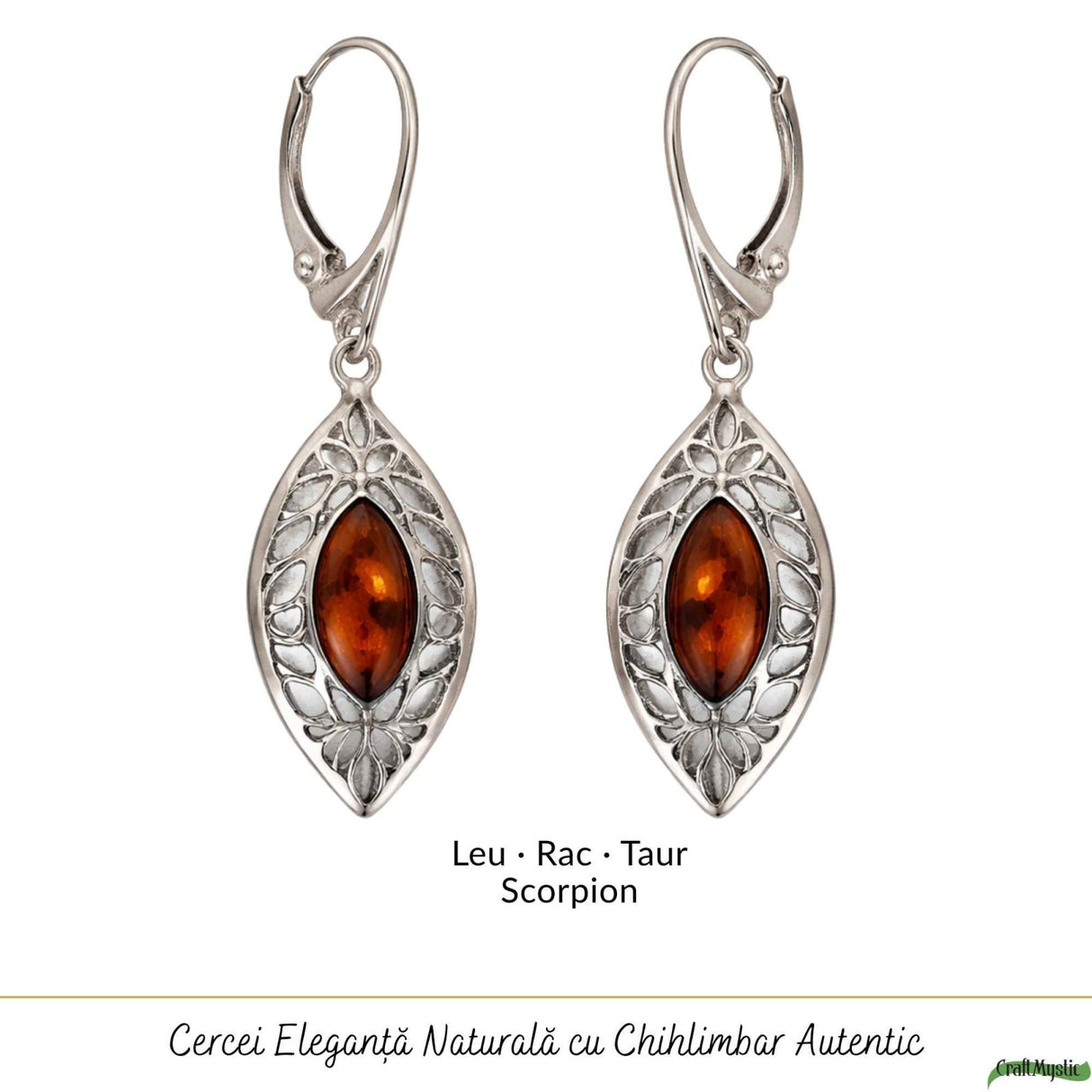 Cercei Argint 925 Frunza cu Chihlimbar - Energie Naturala si Eleganta Delicata