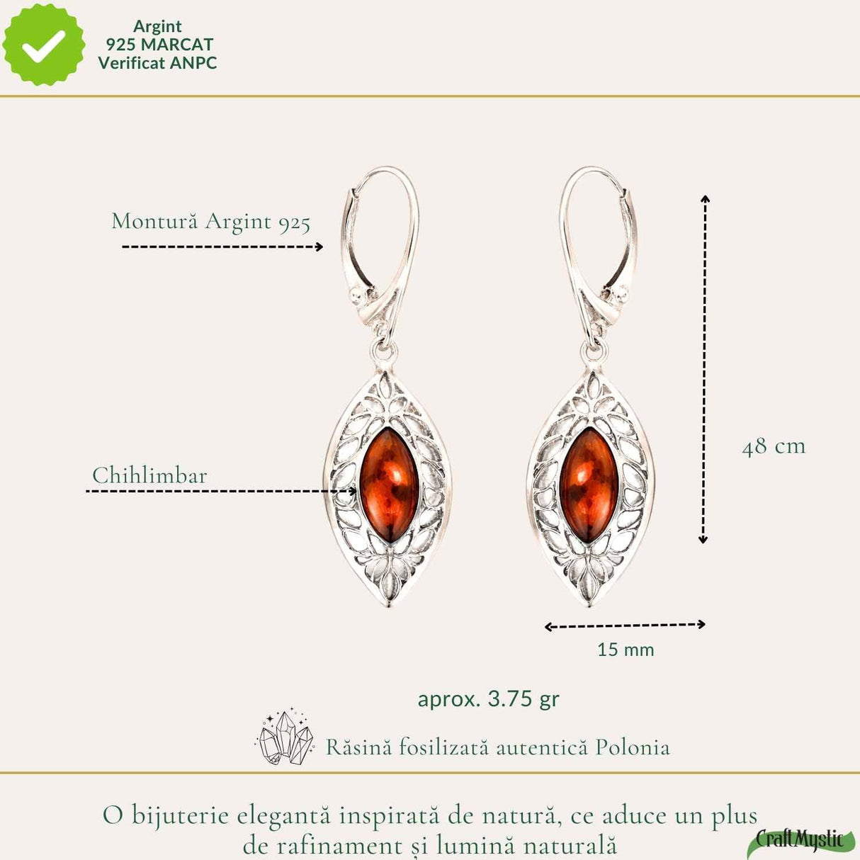 Cercei Argint 925 Frunza cu Chihlimbar - Energie Naturala si Eleganta Delicata