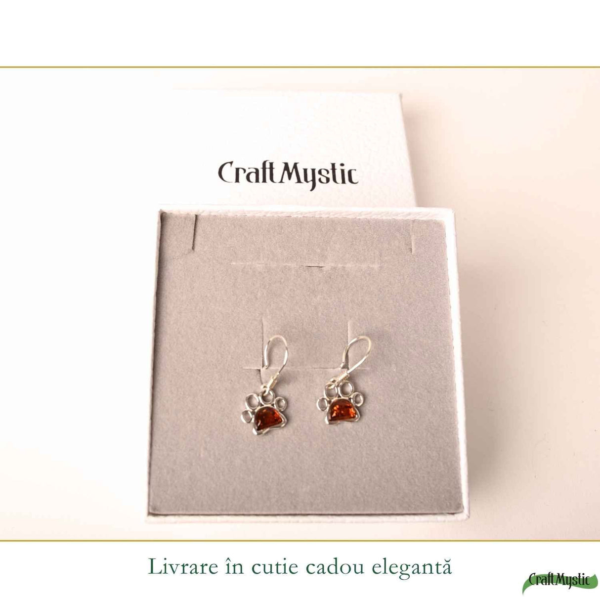 Cercei Argint 925 cu Chihlimbar Rosu Labuta de Pisica – Protectie si Energie Calda