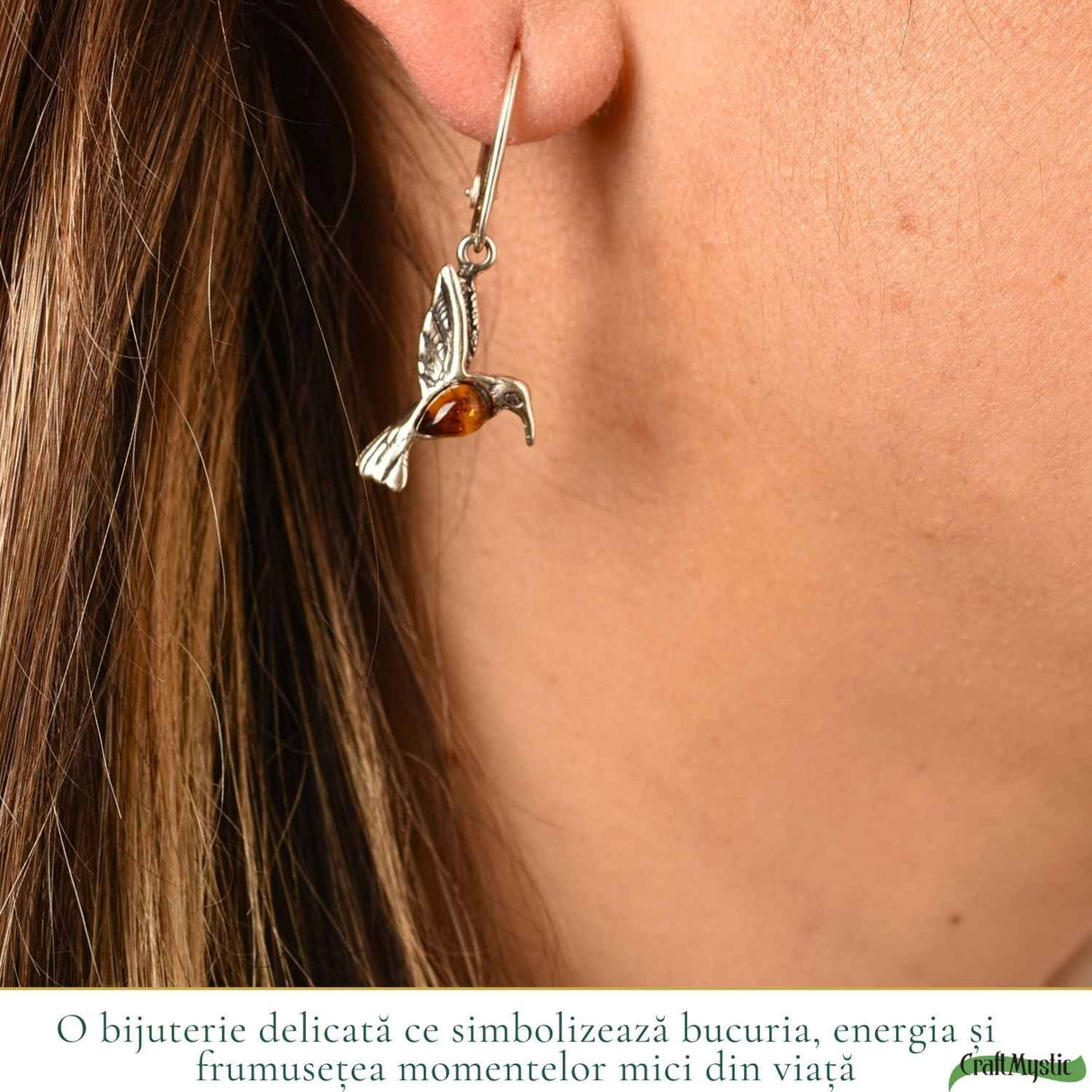 Cercei Argint 925 Pasarea Colibri cu Chihlimbar Rosu - Energie, Bucurie si Eleganta Naturala