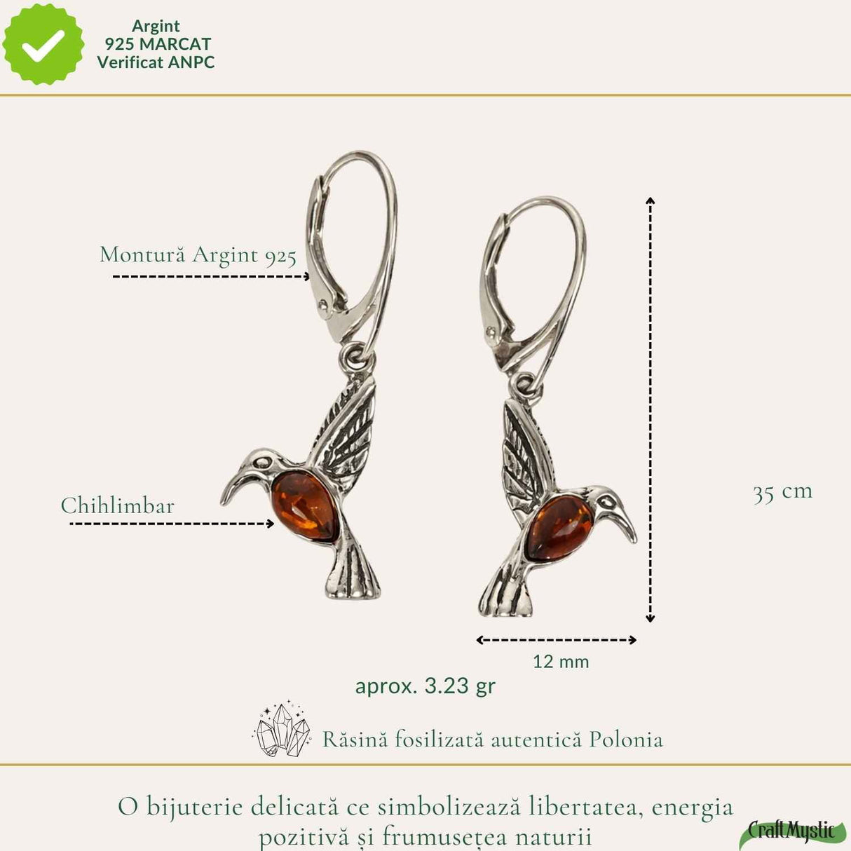 Cercei Argint 925 Pasarea Colibri cu Chihlimbar Rosu - Energie, Bucurie si Eleganta Naturala