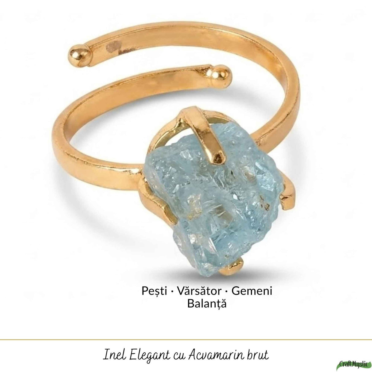 Inel Argint 925 Placat cu Aur 18K cu Acvamarin Brut – Calm Interior si Claritate