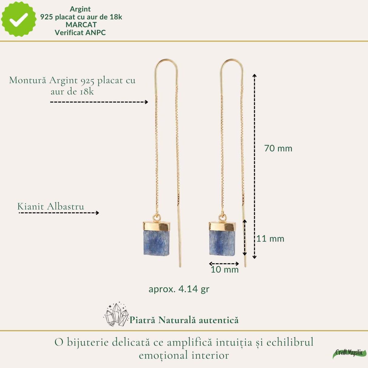 Cercei Argint 925 Placat cu Aur 18K cu Kianit Albastru Brut – Intuitie si Claritate